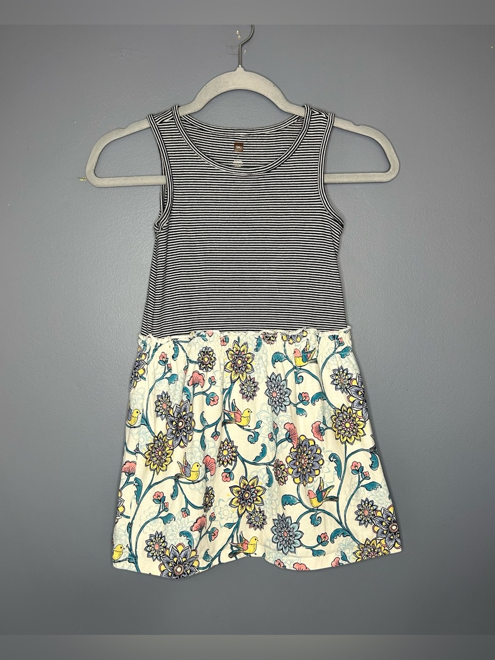 Tea Collection Dress Girls 7 Black Stripe Floral Bird Print Cotton Sundress Boho